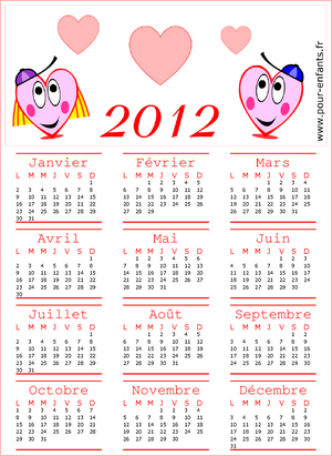 calendrier annuel 2012 gratuit à imprimer avec les 12 mois de l'année 2012 de janvier à décembre (an 2012)